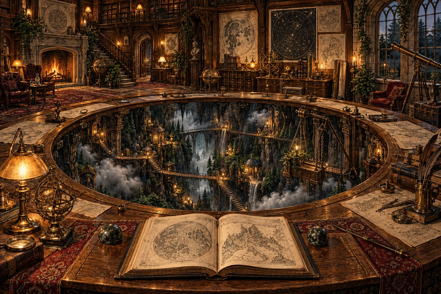 La salle des cartes, une pièce du palais d’Augustin avec un livre ouvert au premier plan.