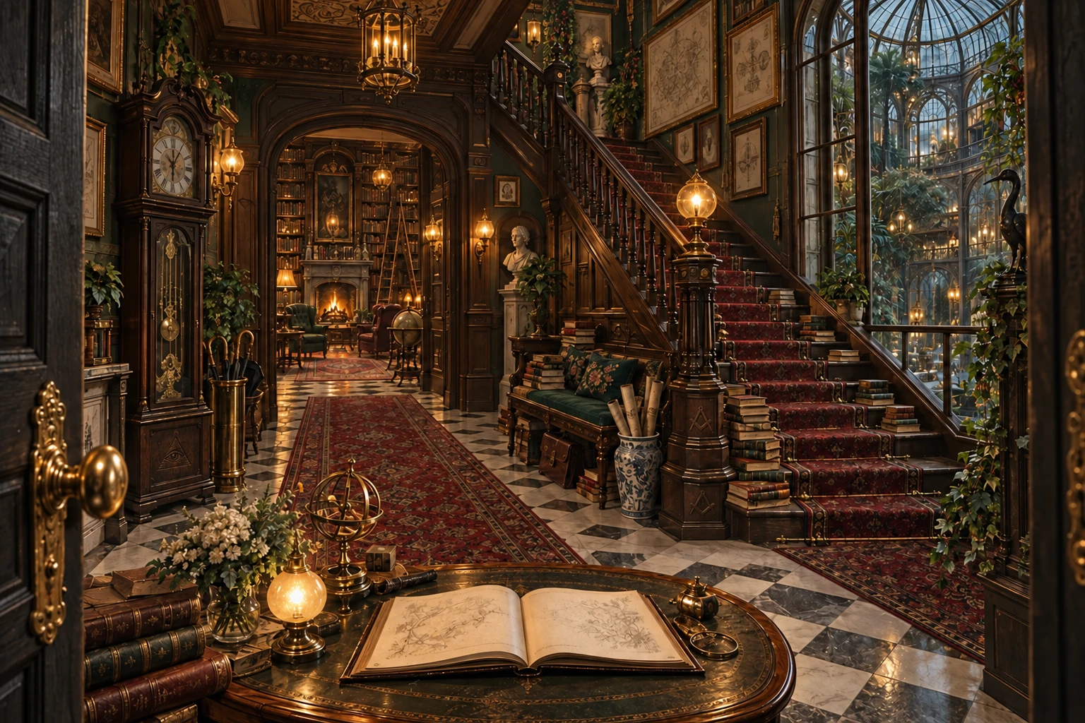 Le vestibule, une pièce du palais d’Augustin avec un livre ouvert au premier plan.